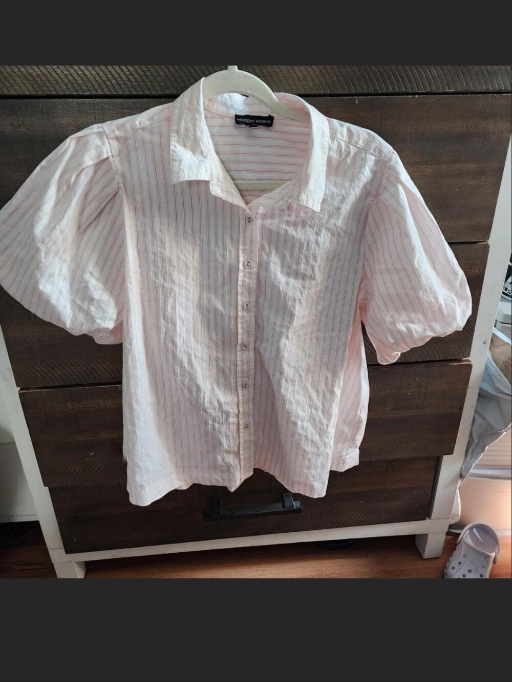 Soft Pink Striped Puff-Sleeve Button-Down Shirt